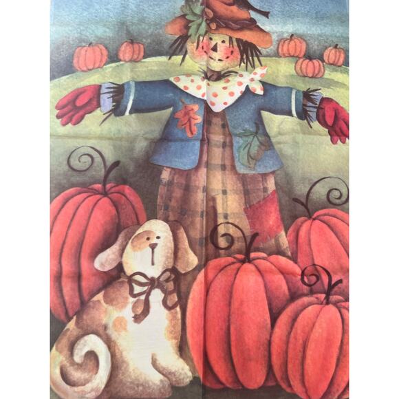 Vintage Outdoor Porch Flag Scarecrow Pumpkin Field Autumn Harvest w Dog JL - Picture 2 of 7